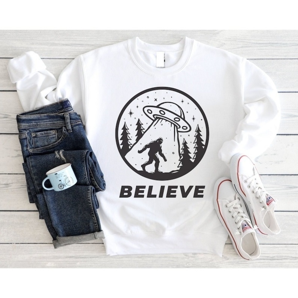Womens Bigfoot UFO Believe Sweatshirt Gift For Her Graphic Shirt